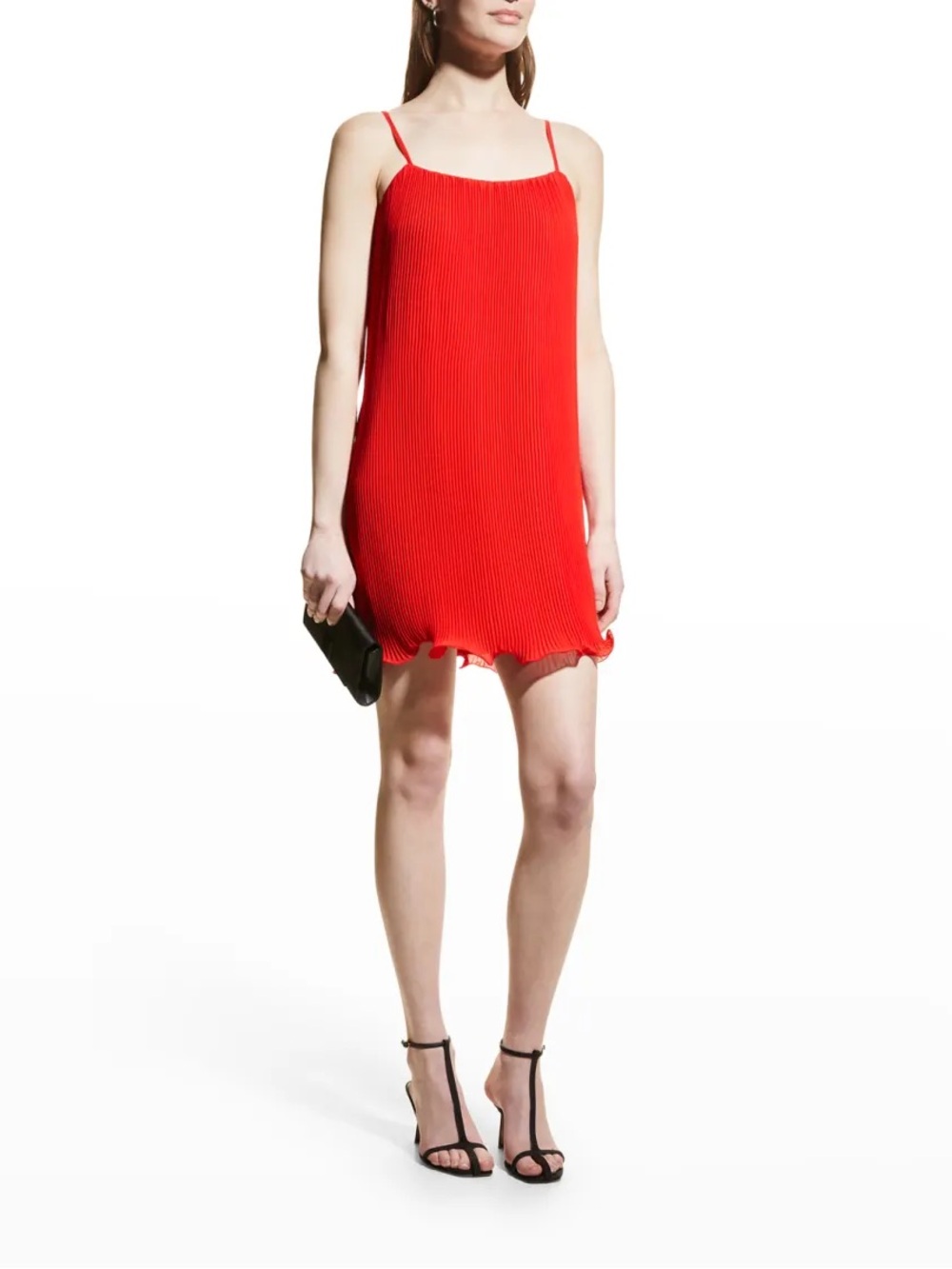Milly Red Pleated Mini Slip Dress with Scalloped Hem